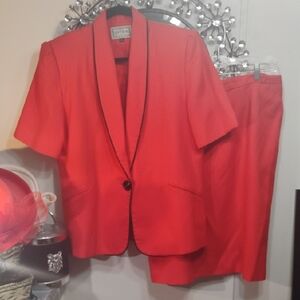 Petites Red Short-Sleeve Blazer and Skirt Suit